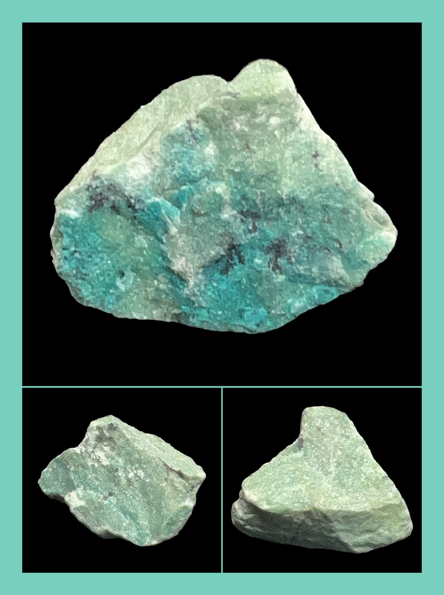 Greenish-blue rock with three smaller views on a teal background