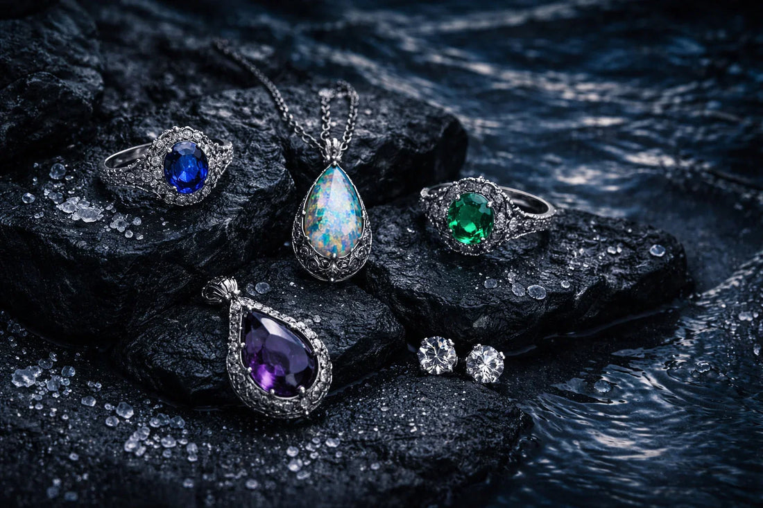 Moody close-up of gemstone jewelry on black wet stone by dark water, with scattered salt crystals; silver rings, pendant, and stud earrings in deep blue, green, opal, and violet tones.
