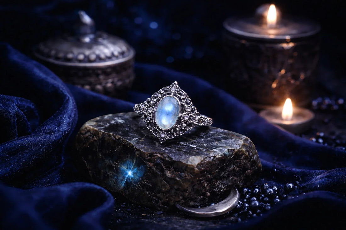 Horizontal moody still life of an ornate silver moonstone ring resting on dark stone and deep blue velvet, softly lit by candlelight, with subtle lunar and mineral accents in a witchy luxury style.