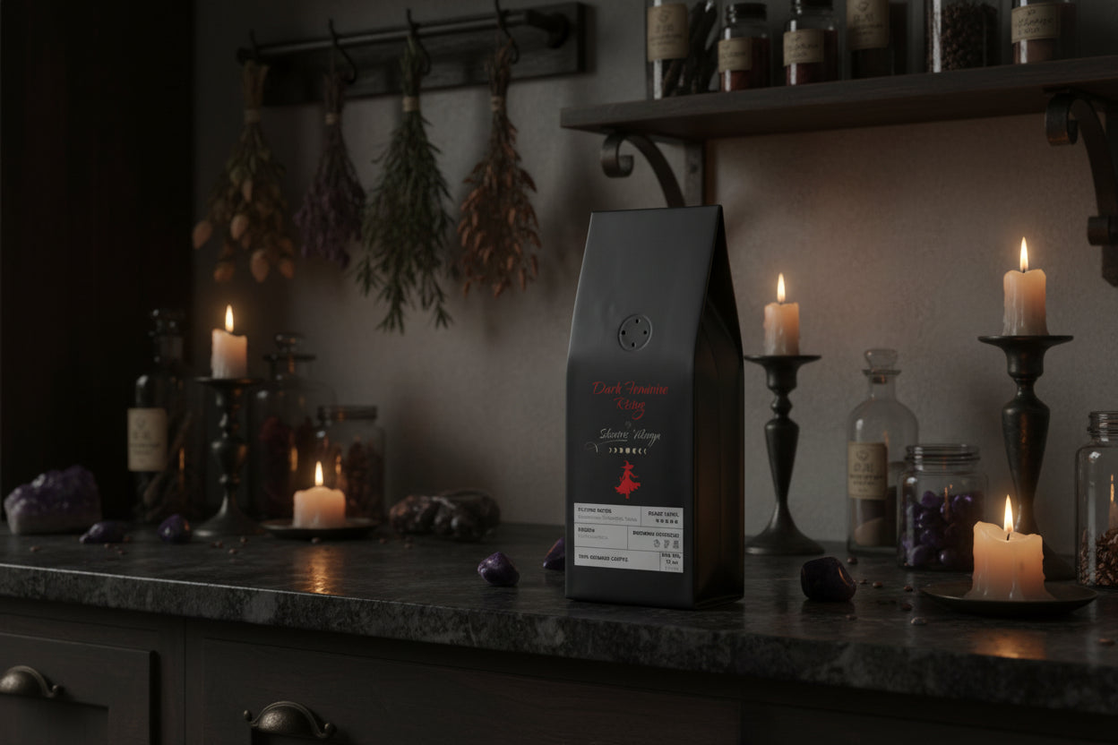 Black coffee packaging with red and white text in a moody witchy kitchen