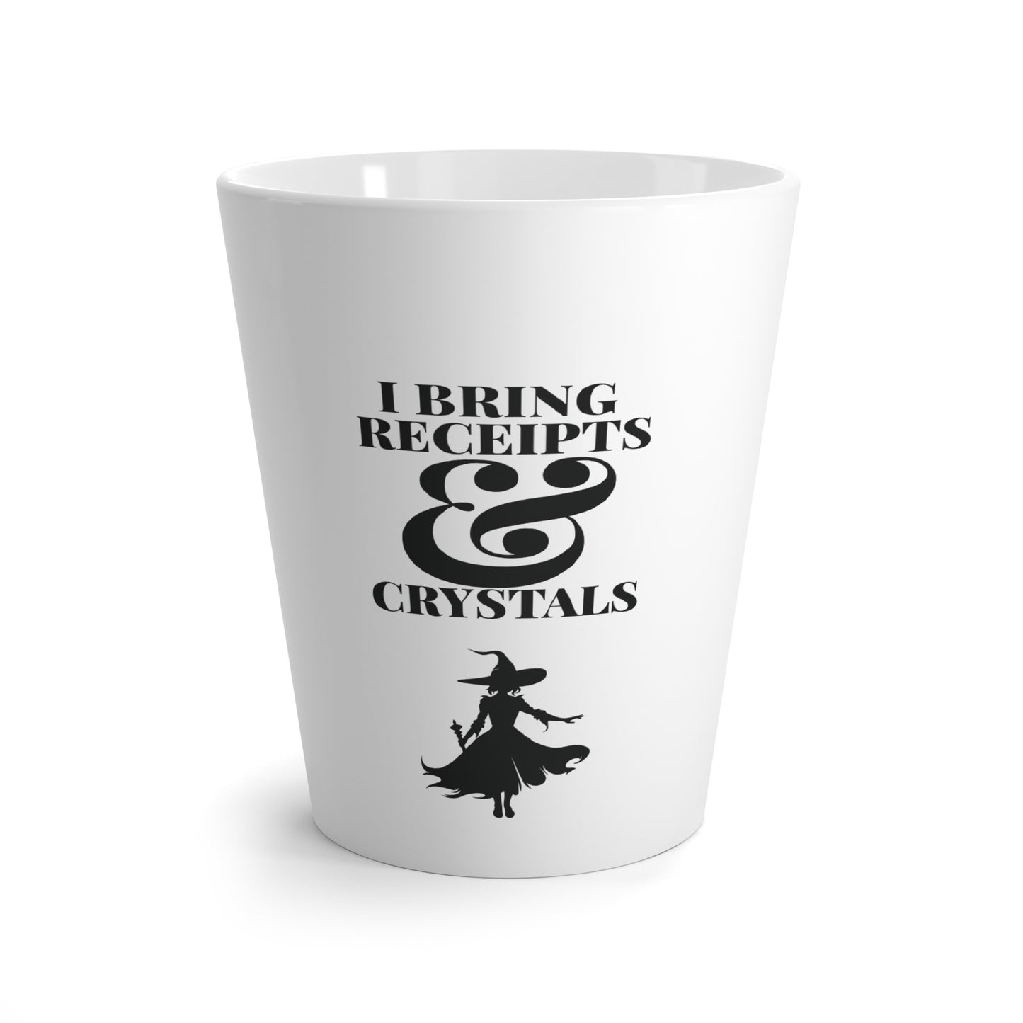 I Bring Receipts & Crystals – Witchy Latte Mug, 12oz White Ceramic (Black)