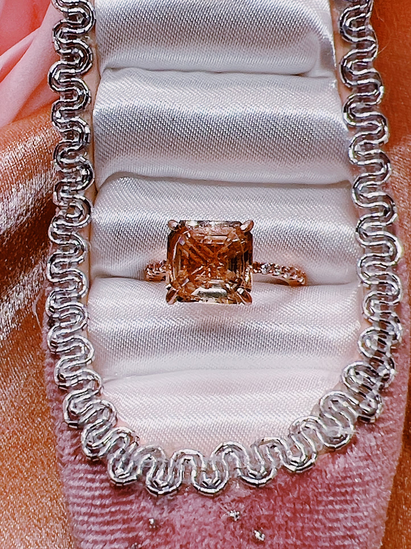 Aphrodite’s Gentle Radiance 4.91 Ct Asscher Cut Peach Topaz Rose Gold Ring - Aphrodite’s Winter Glow