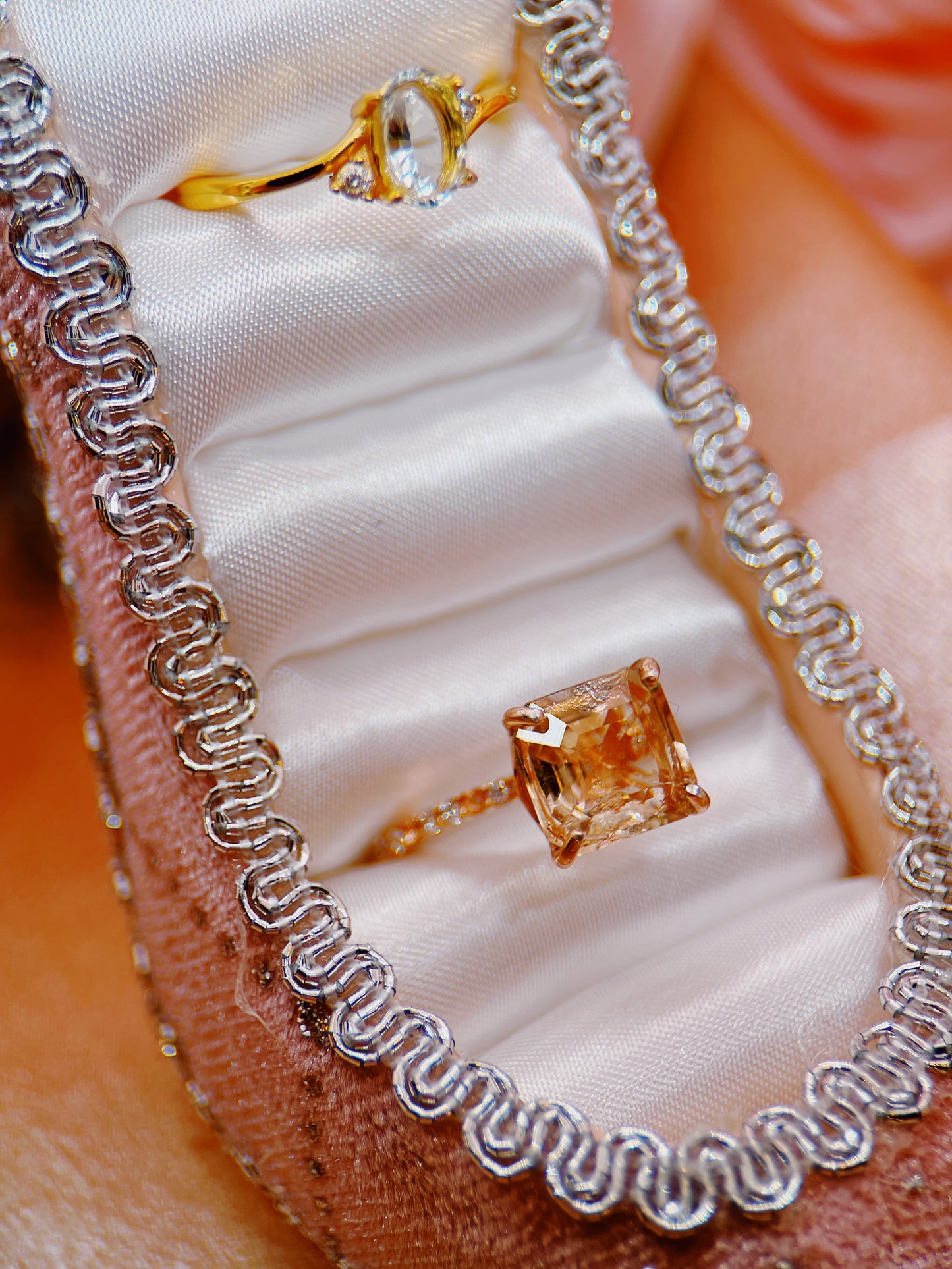 Aphrodite’s Gentle Radiance 4.91 Ct Asscher Cut Peach Topaz Rose Gold Ring - Aphrodite’s Winter Glow