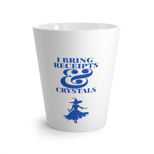 I Bring Receipts & Crystals – Witchy Latte Mug, 12oz White Ceramic (Sapphire Blue)