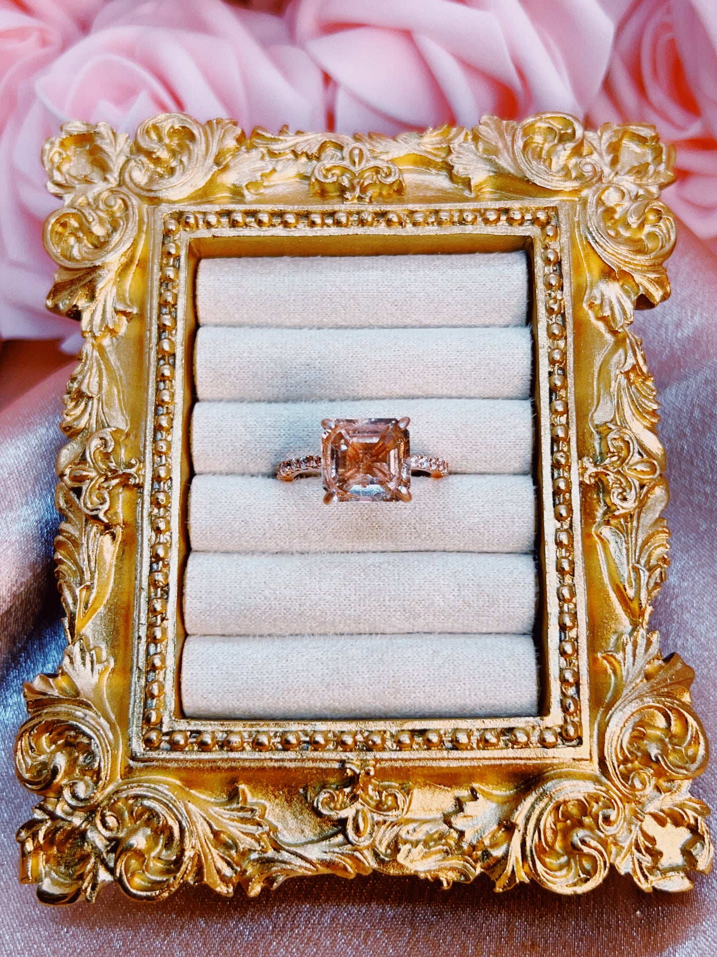 Aphrodite’s Gentle Radiance 4.91 Ct Asscher Cut Peach Topaz Rose Gold Ring - Aphrodite’s Winter Glow