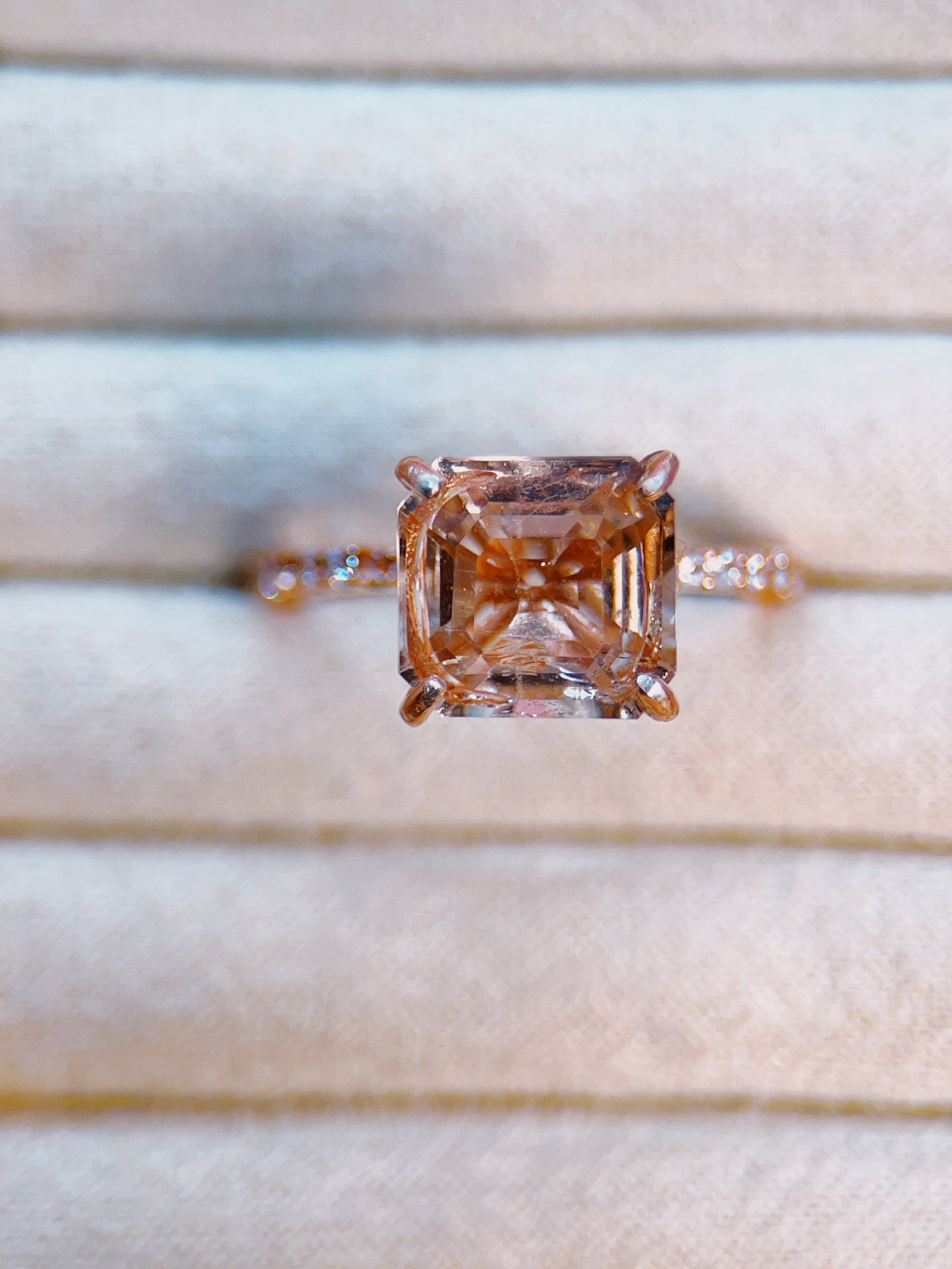 Aphrodite’s Gentle Radiance 4.91 Ct Asscher Cut Peach Topaz Rose Gold Ring - Aphrodite’s Winter Glow