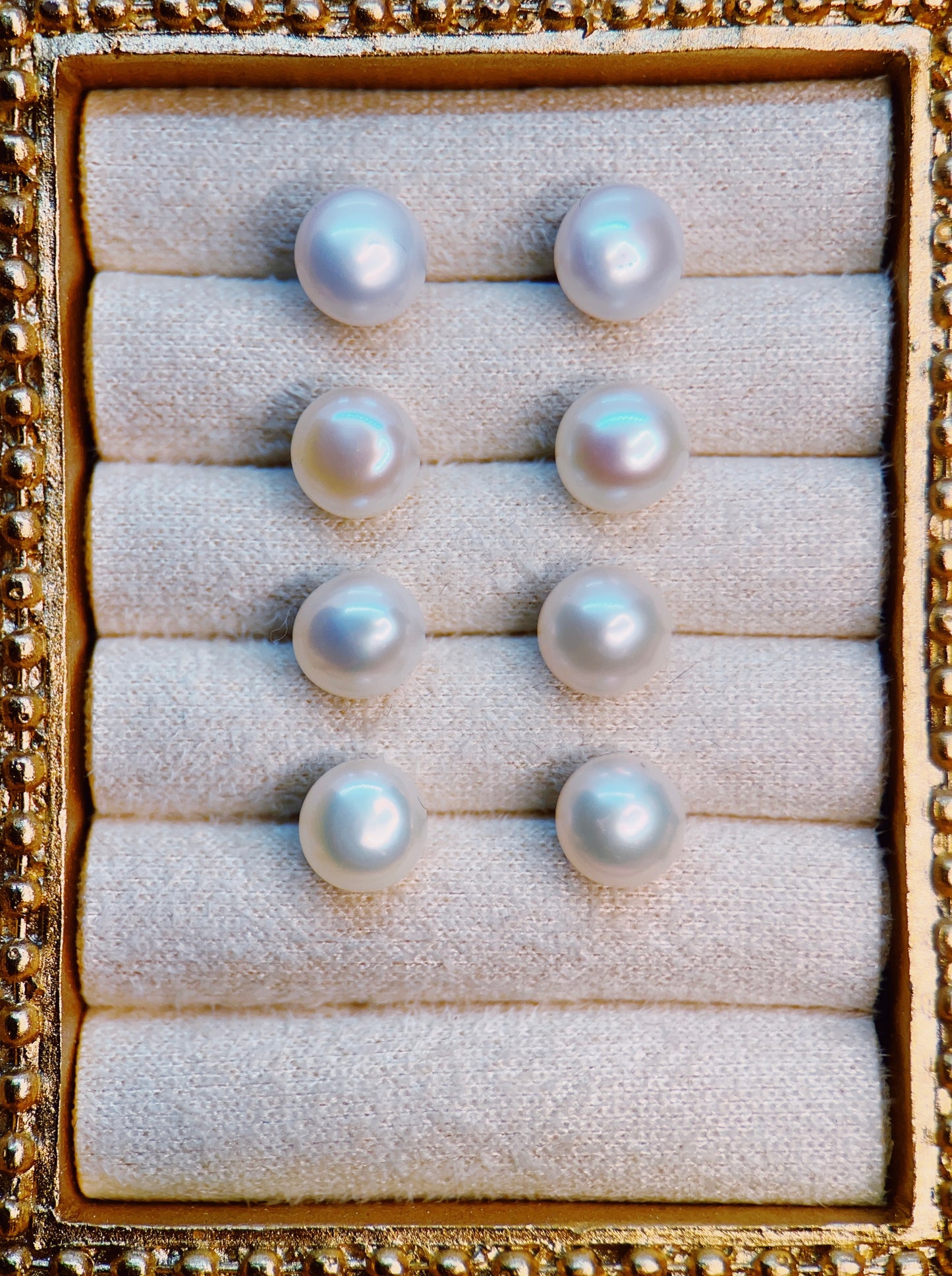Held in Luster 7-7.5 m White Freshwater Pearl Stud Earrings - Aphrodite’s Winter Glow