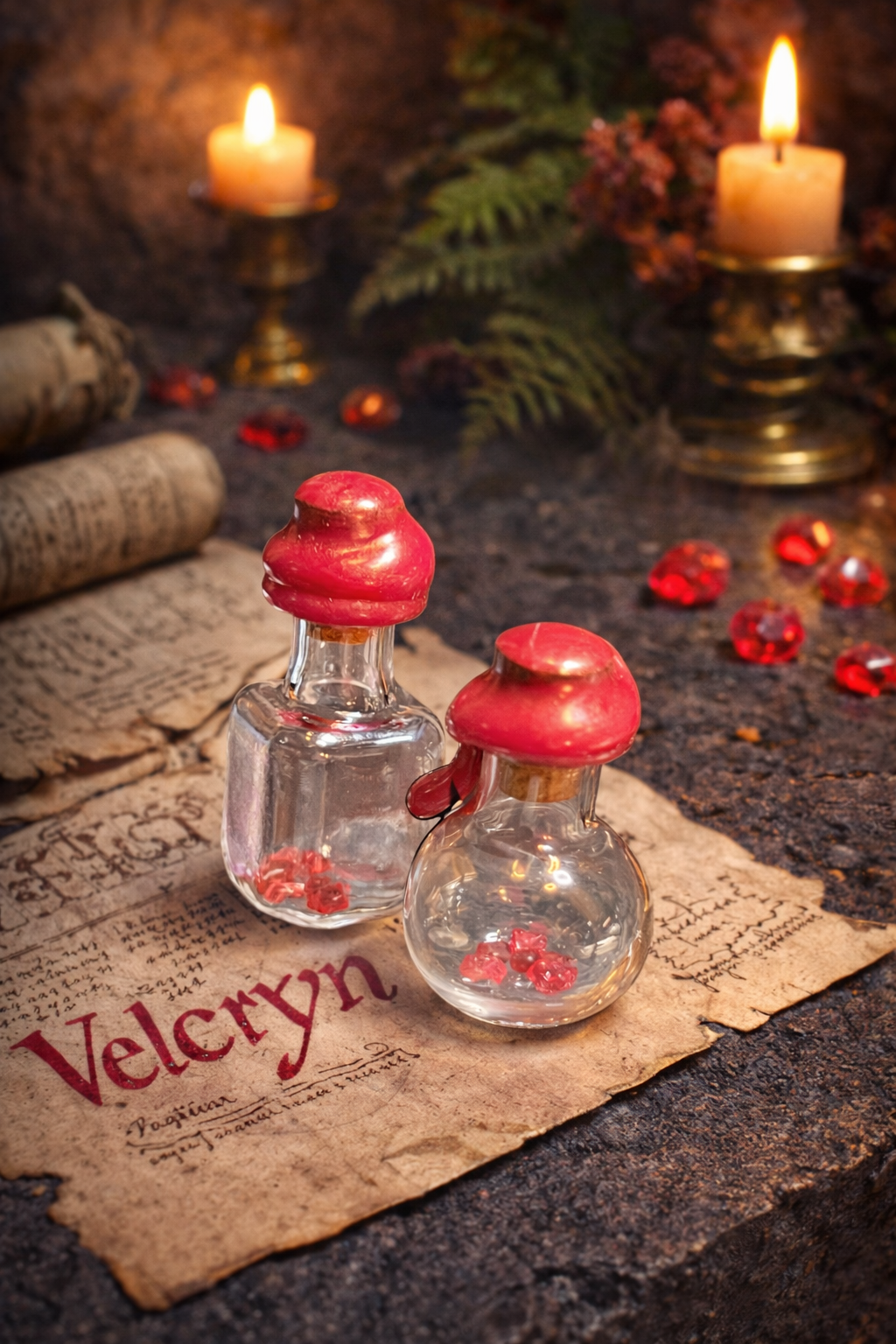 Two small glass bottles with red lids on a piece of paper labeled 'Velcryn' with candles and herbs in the background.