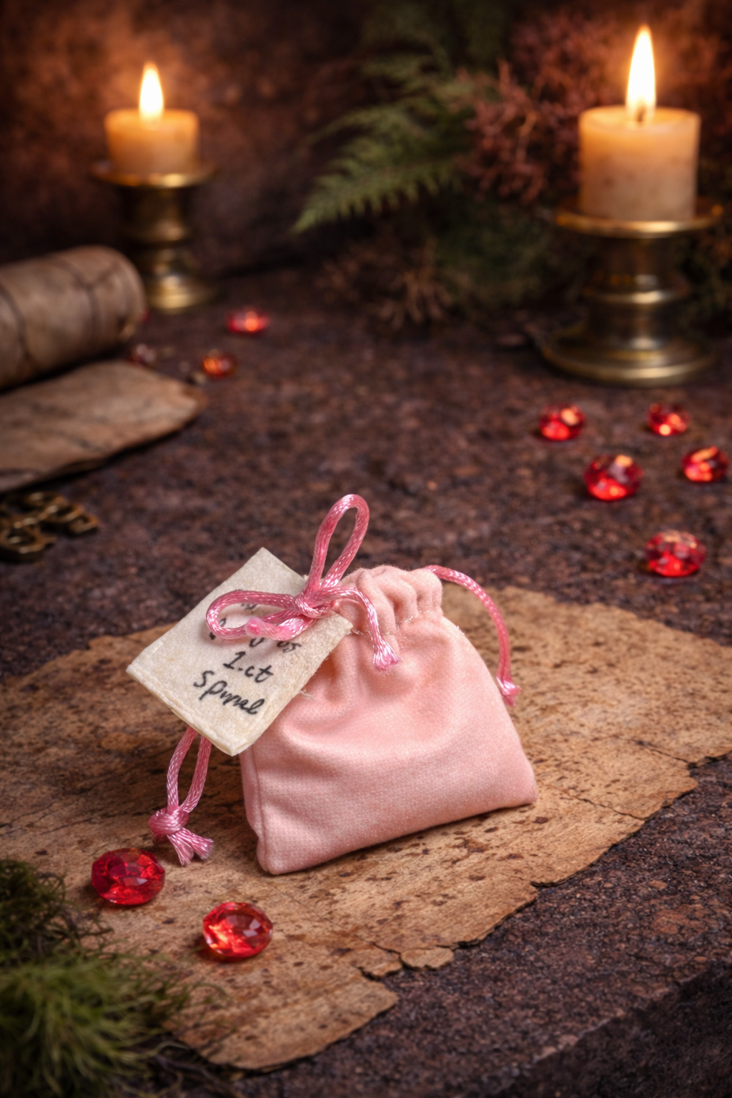 Pink drawstring bag with a tag on a rustic surface with candles and red gemstones.