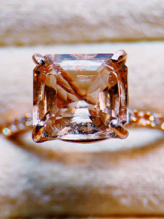 Aphrodite’s Gentle Radiance 4.91 Ct Asscher Cut Peach Topaz Rose Gold Ring - Aphrodite’s Winter Glow