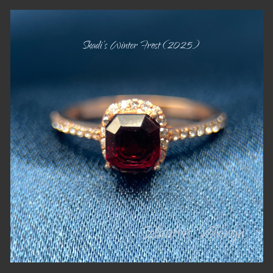 Crimson Flame | Dark Red Malawi Garnet 2.0 ct Rose Gold Plated 925 Sterling Silver Halo Ring | Skadi's Winter Frost