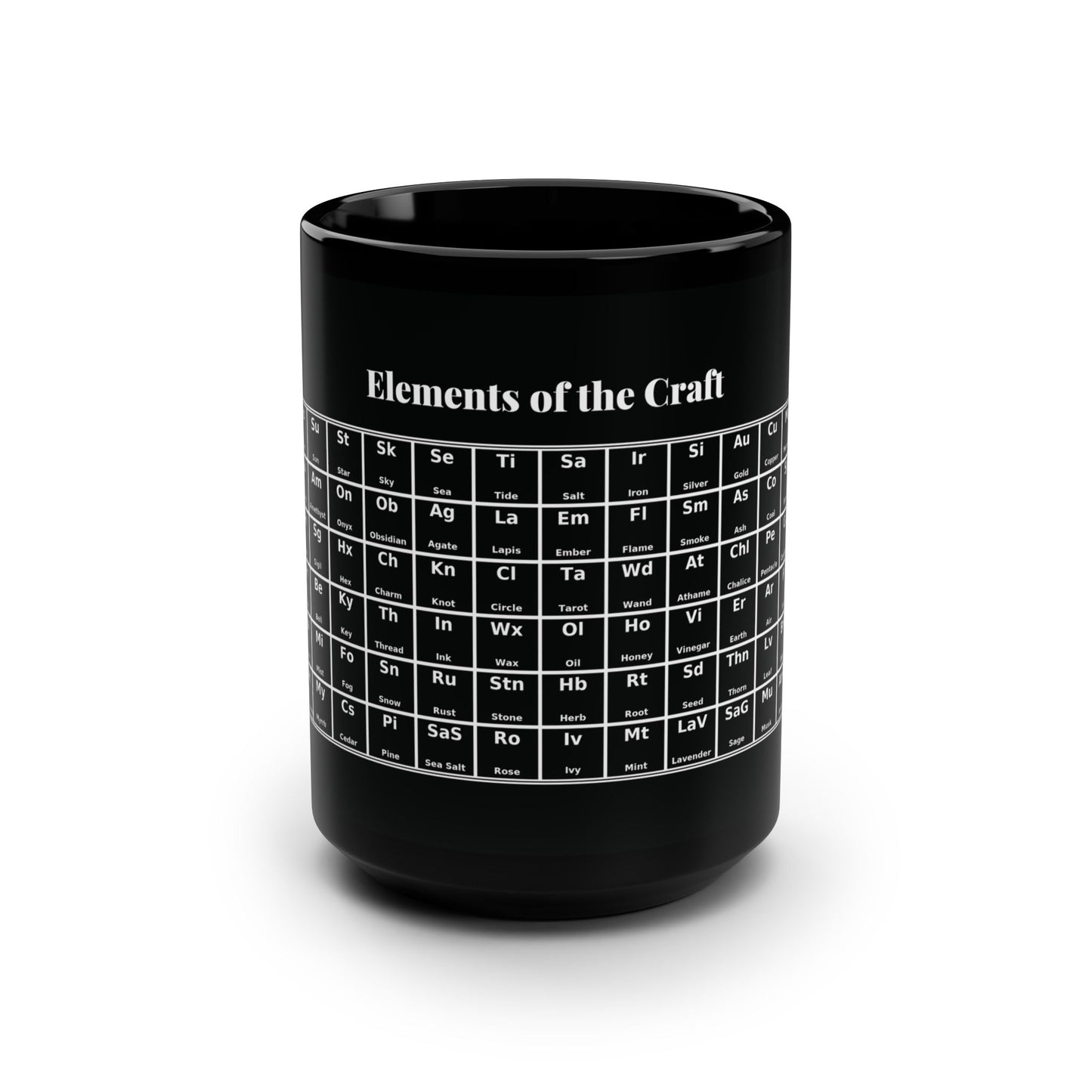 Black ceramic coffee mug with a large handle, shown on a white background. A white “periodic table” style graphic is printed on the side, labeled “Elements,” with grid squares for witchy terms like moon, sun, quartz, amethyst, sigil, hex, key, water, mist, fog, frankincense, myrrh, and cedar.