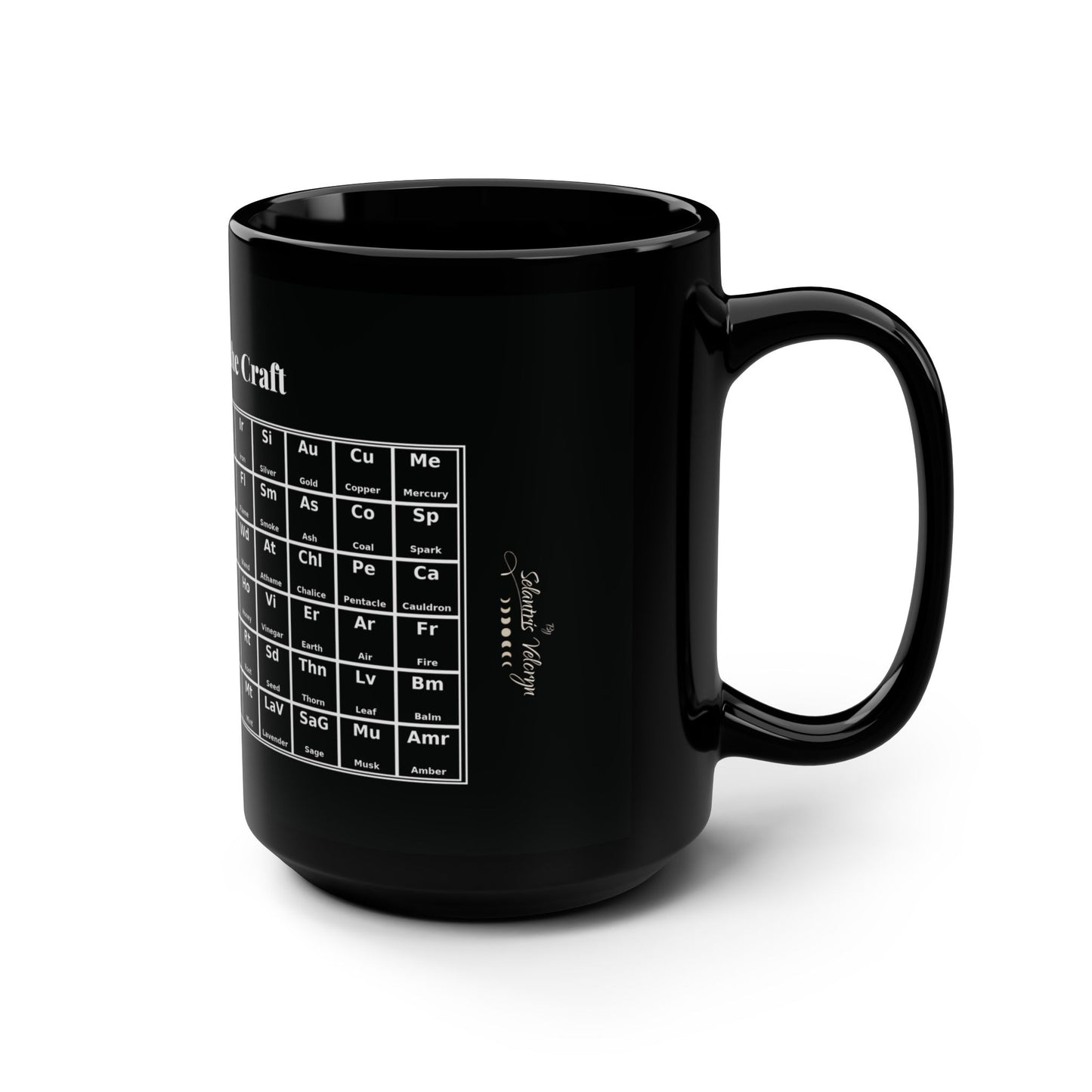 Black ceramic coffee mug with a large handle, shown on a white background. A white “periodic table” style graphic is printed on the side, labeled “Elements,” with grid squares for witchy terms like moon, sun, quartz, amethyst, sigil, hex, key, water, mist, fog, frankincense, myrrh, and cedar.