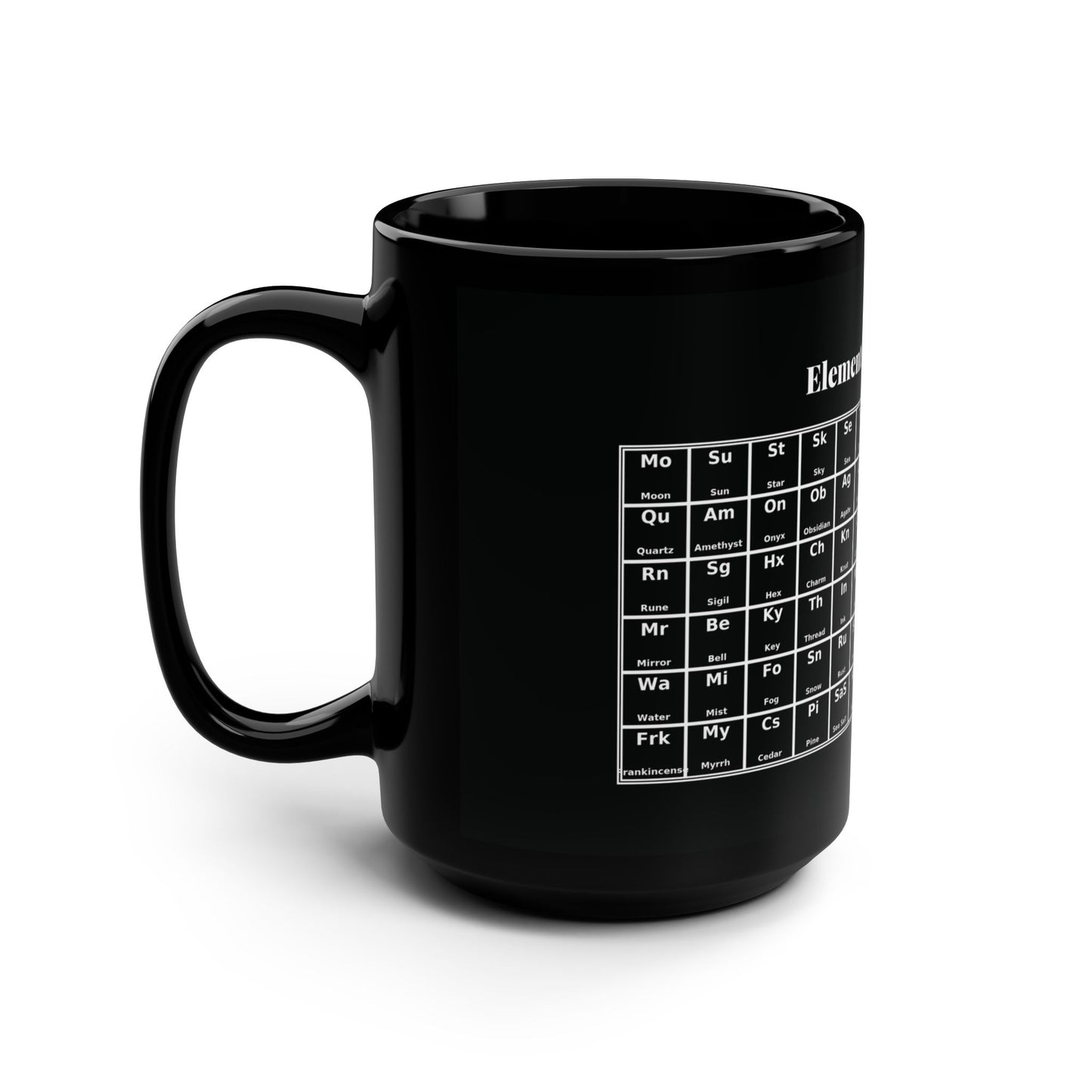 Black ceramic coffee mug with a large handle, shown on a white background. A white “periodic table” style graphic is printed on the side, labeled “Elements,” with grid squares for witchy terms like moon, sun, quartz, amethyst, sigil, hex, key, water, mist, fog, frankincense, myrrh, and cedar.