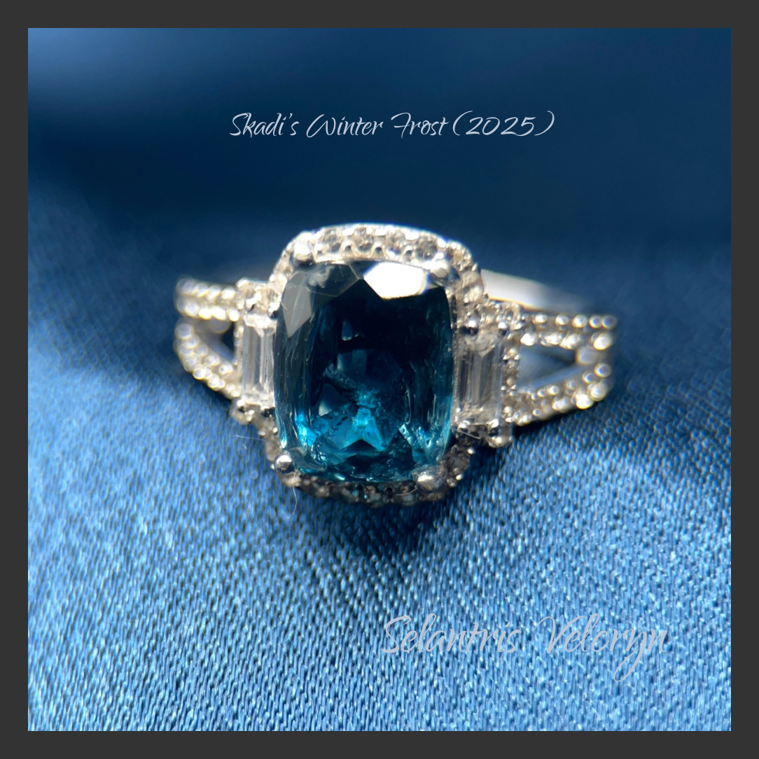 Frost Fire | London Blue Topaz 3.75 cts Winter Manifestation Ring in Rhodium Plated Halo with White Topaz Accents | Skadi's Winter Frost