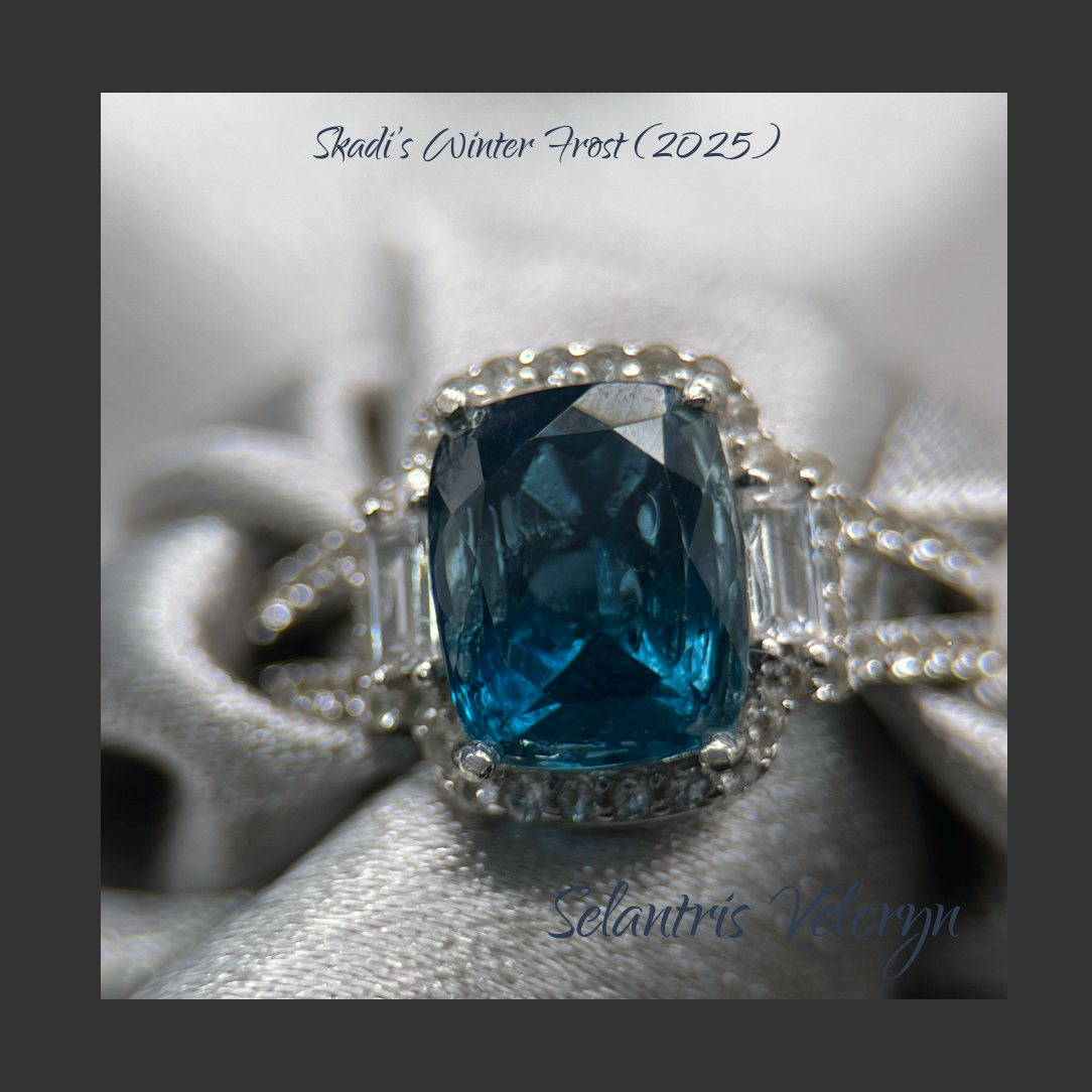 Frost Fire – 3.75ct London Blue Topaz Halo Ring with White Topaz | Skadi’s Winter Frost