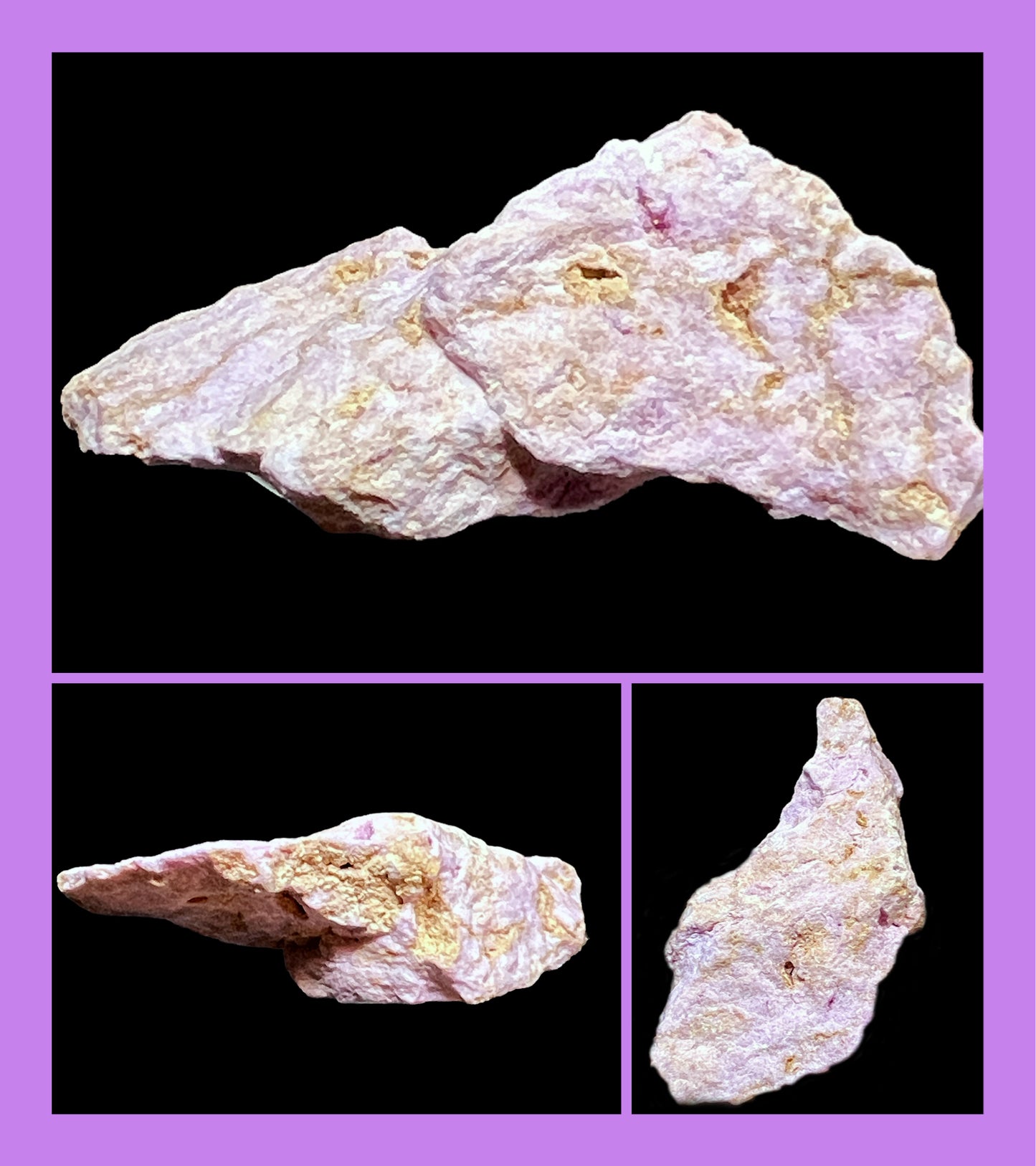 Mineral sample with three different views on a purple border