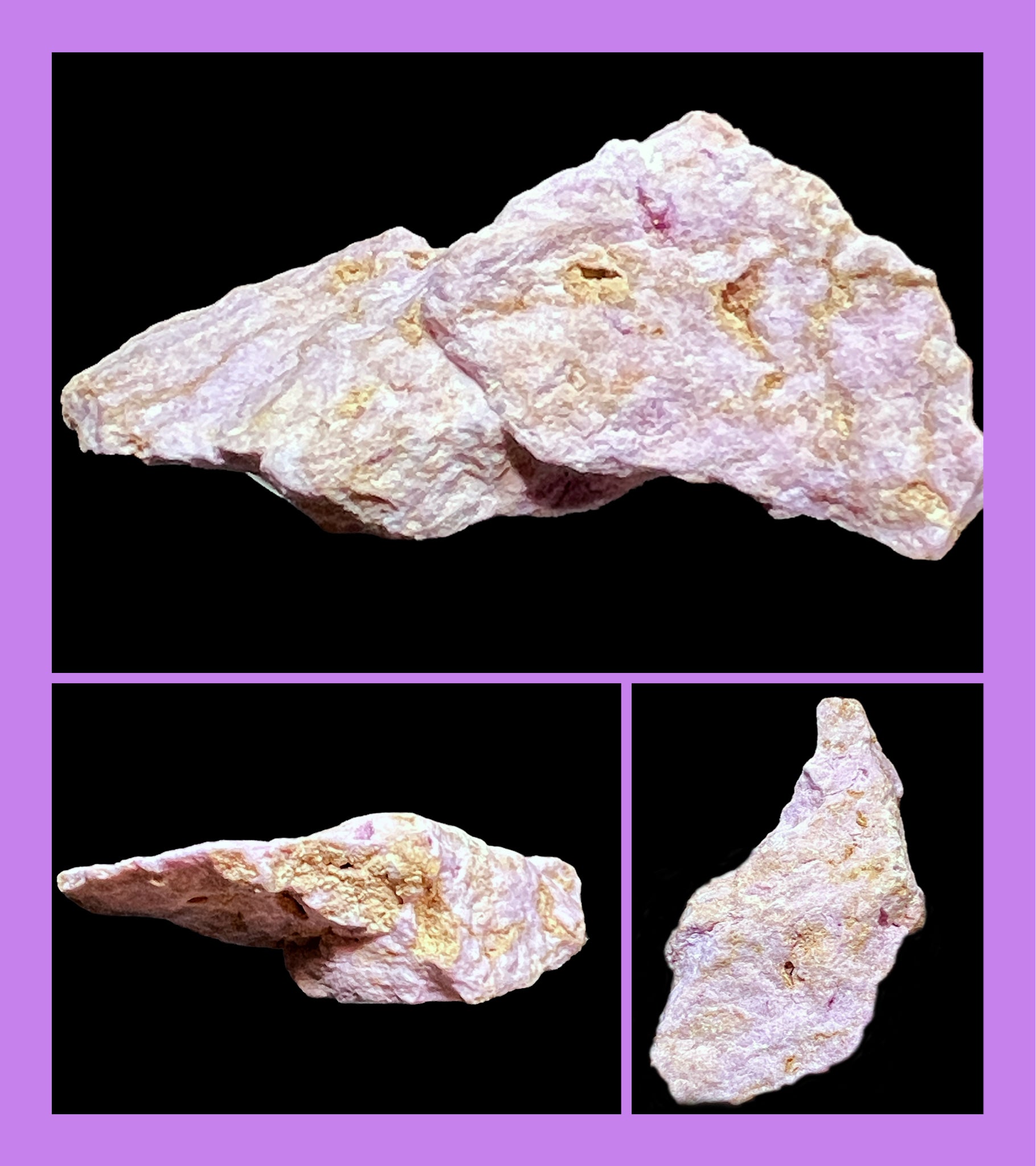 Mineral sample with three different views on a purple border