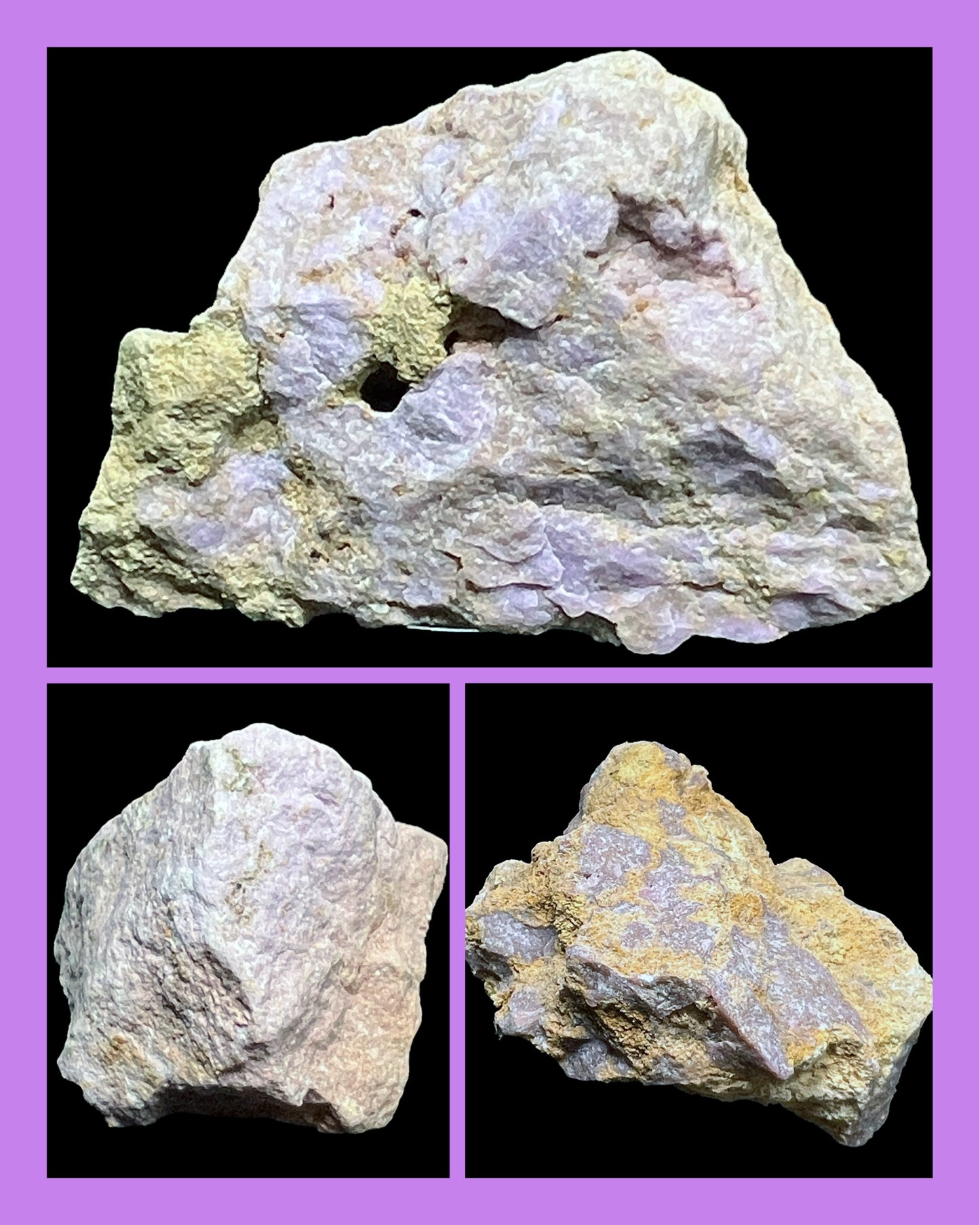 Three different views of a rock on a purple border
