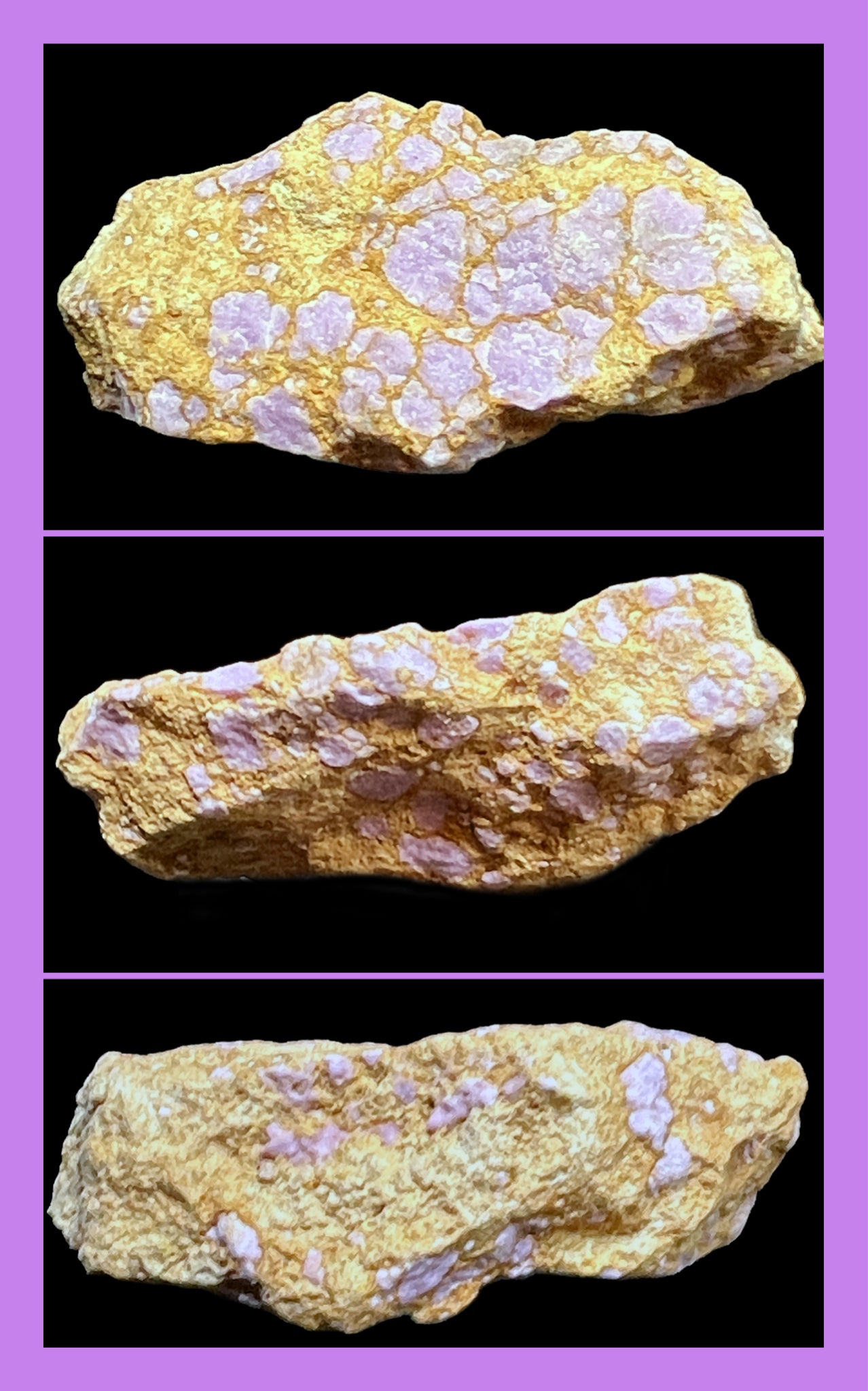 Three different views of a yellow and white mineral specimen on a purple background