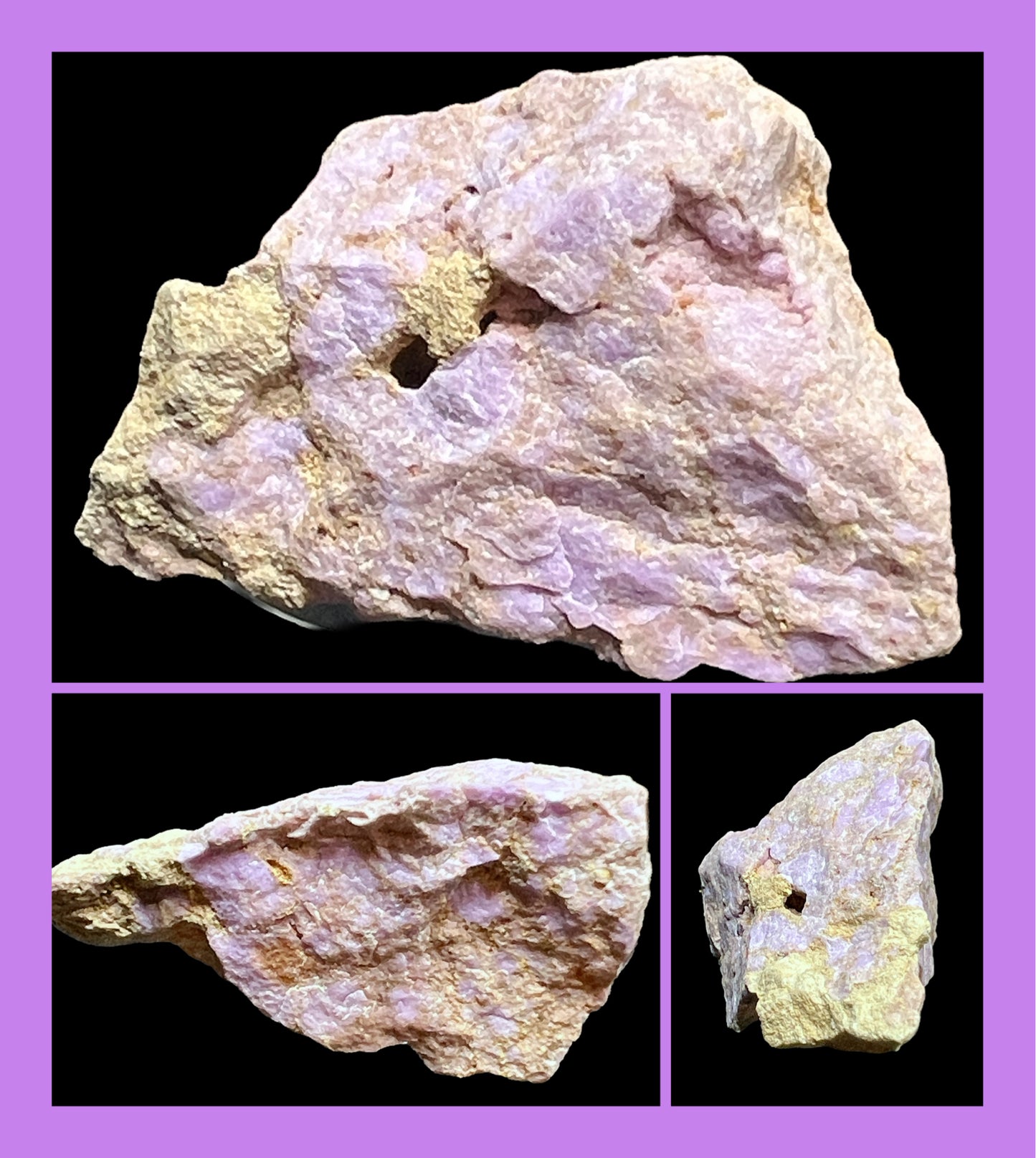 Three views of a textured rock on a purple background