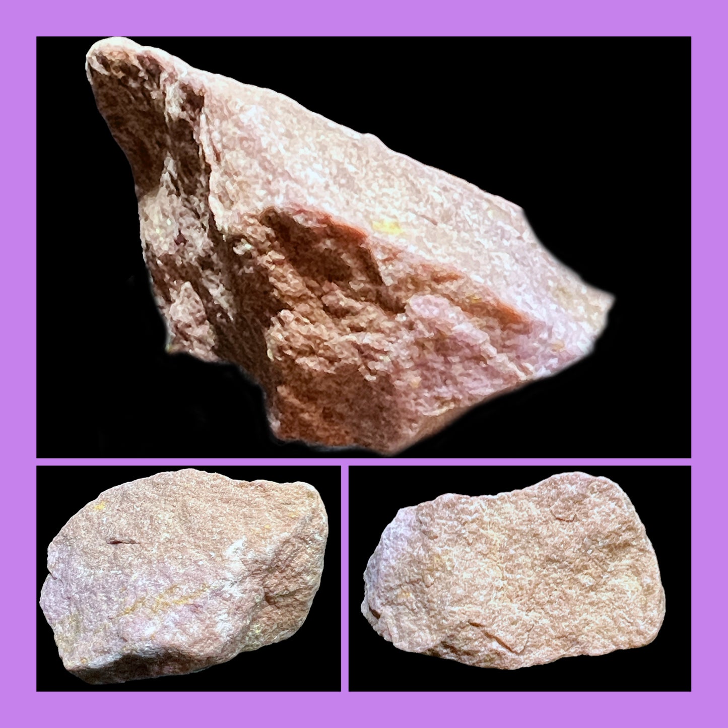 Three different rocks displayed on a purple border with black background