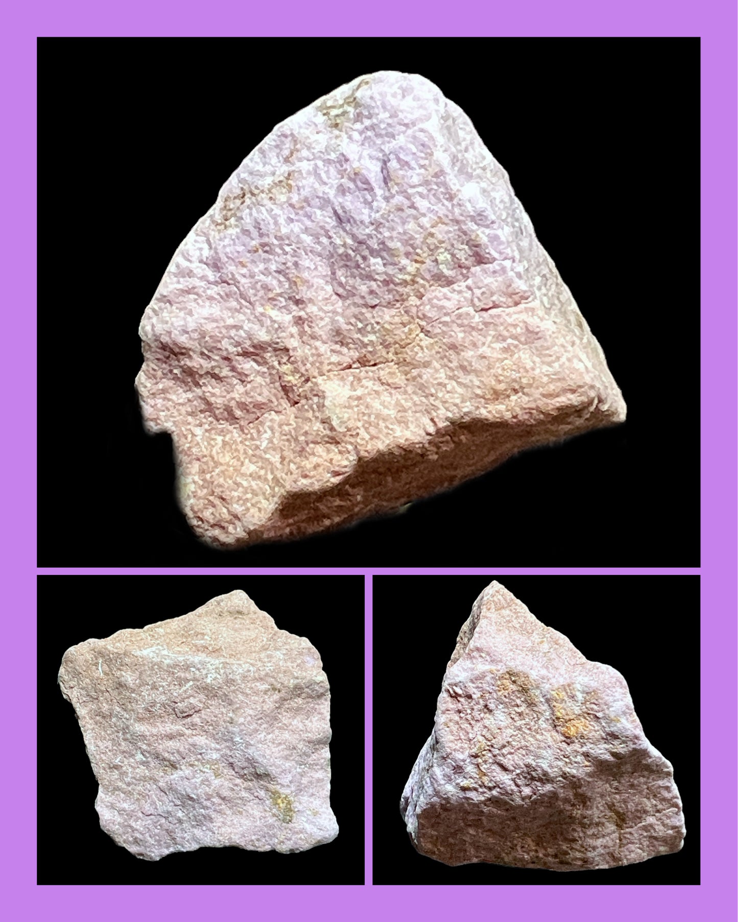 Three different views of a textured stone on a purple border