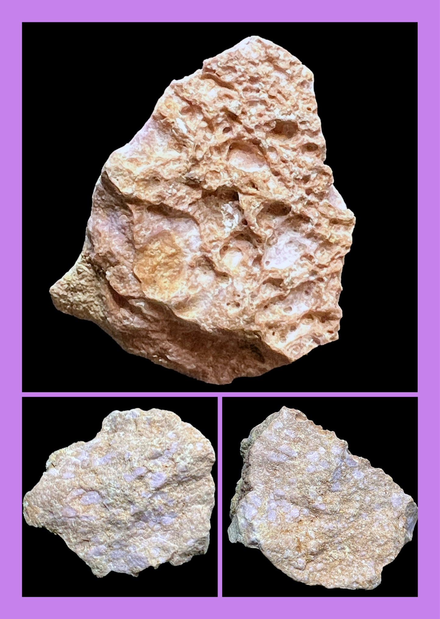 Close-up of a textured rock with three different views on a purple border.