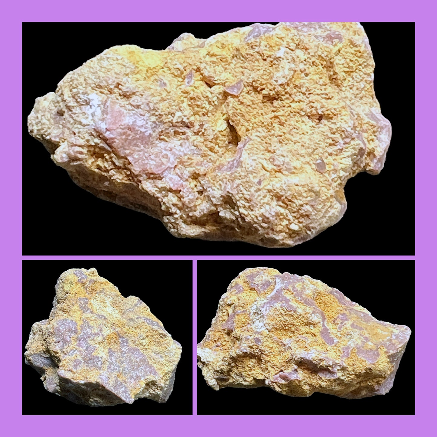 Close-up of a yellowish rock with a purple border