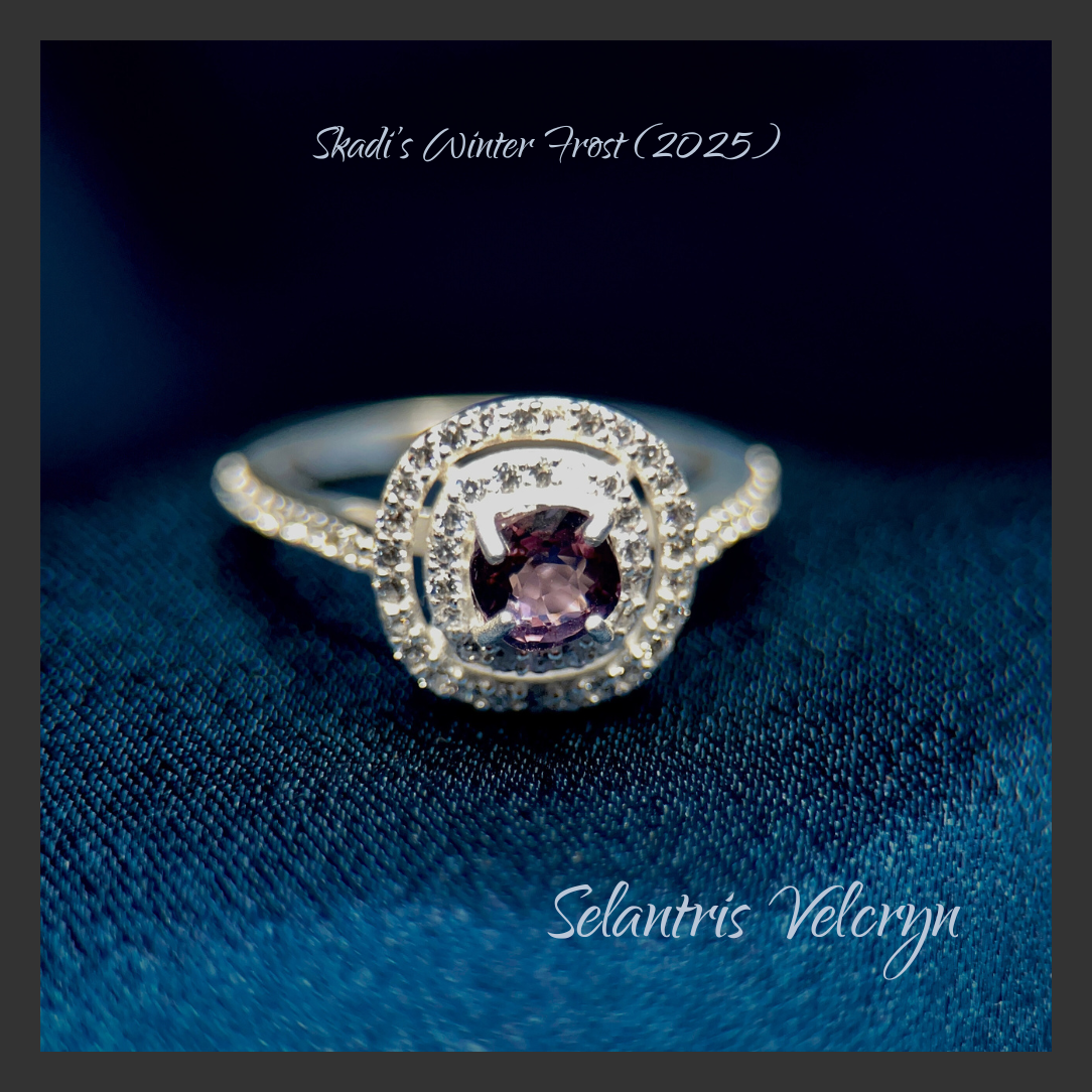 Arctic Ember | Mogok Winter White Zircon Halo Purple Spinel .75 ct Ring in Rhodium Plated Sterling Silver: Skadi's Winter Frost