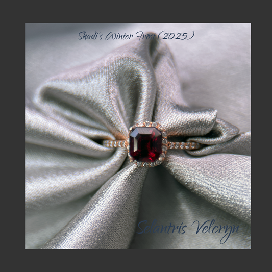 Crimson Flame – 2.0ct Dark Red Malawi Garnet Halo Ring | Skadi’s Winter Frost
