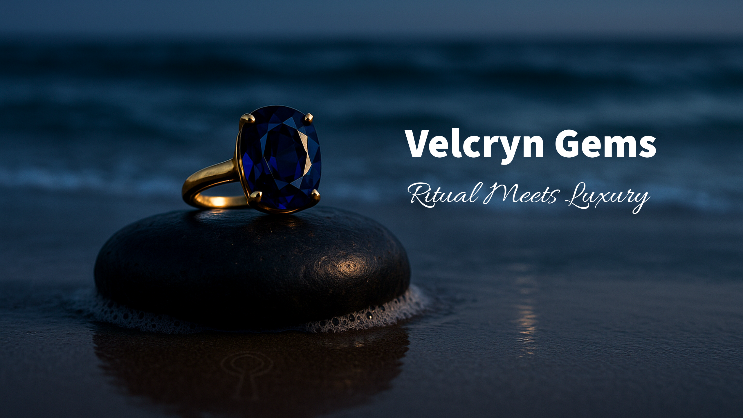 Gold ring with a blue gemstone on a dark stone against a blurred ocean background, featuring the brand 'Velcryn Gems'.