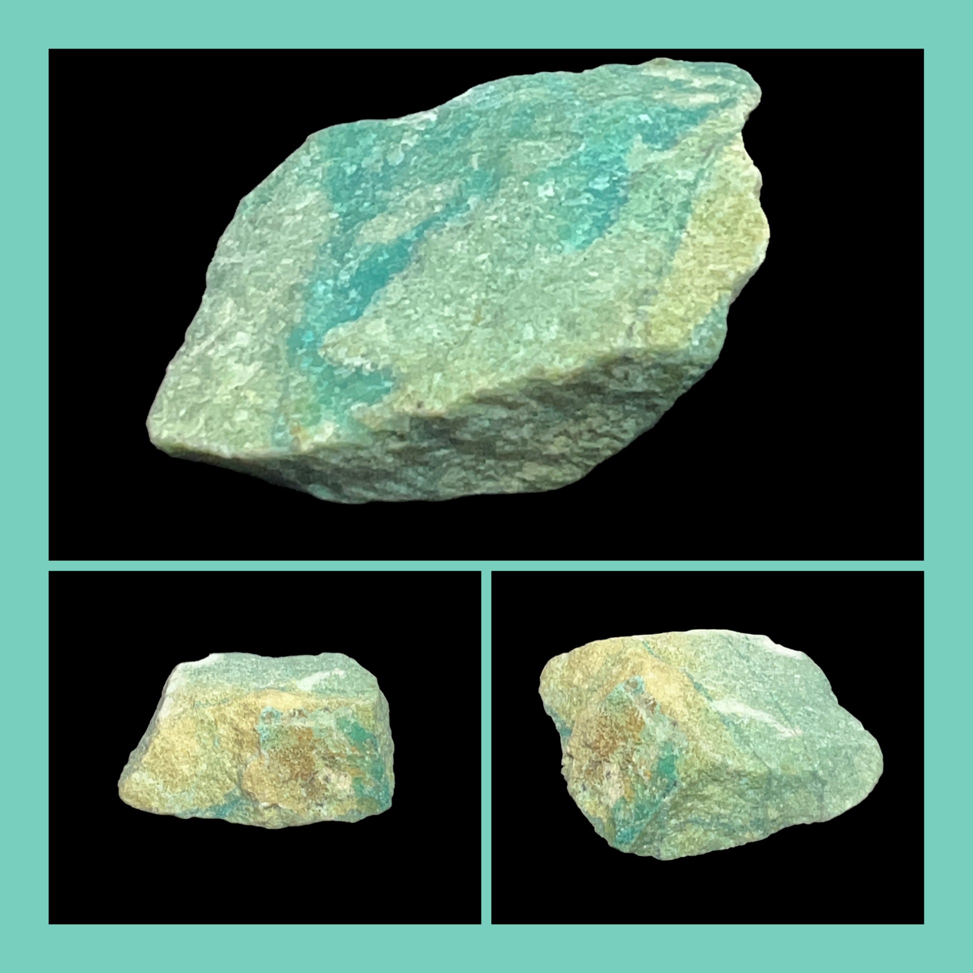 Three views of a rough turquoise stone on a teal background
