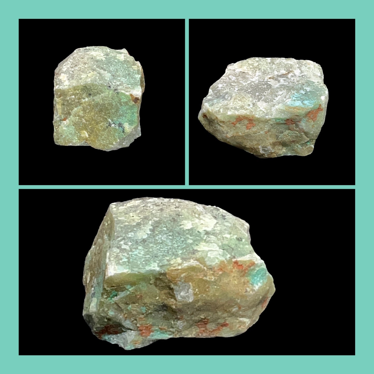 Three views of a rough mineral stone on a black background with a teal border.