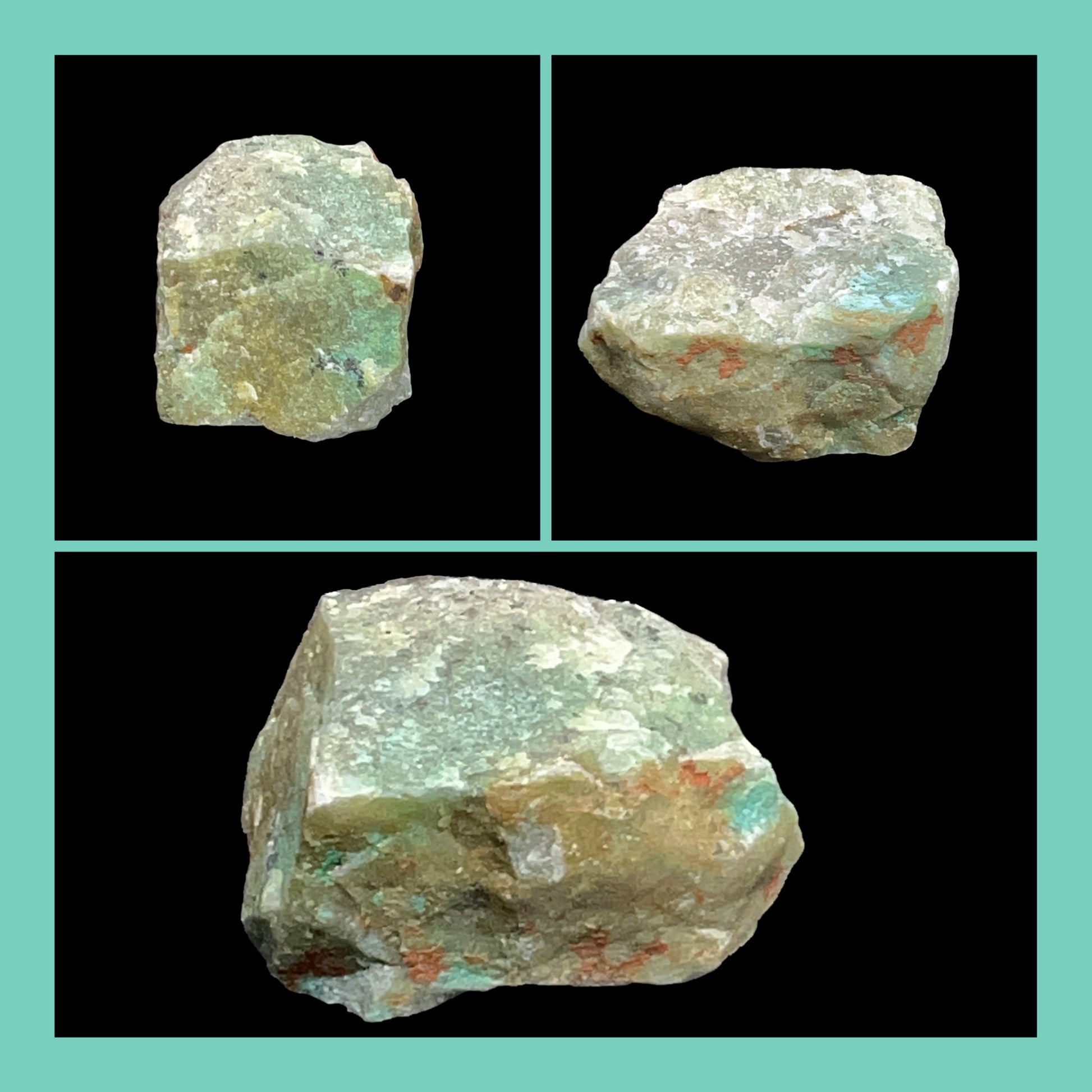Three views of a rough mineral stone on a black background with a teal border.