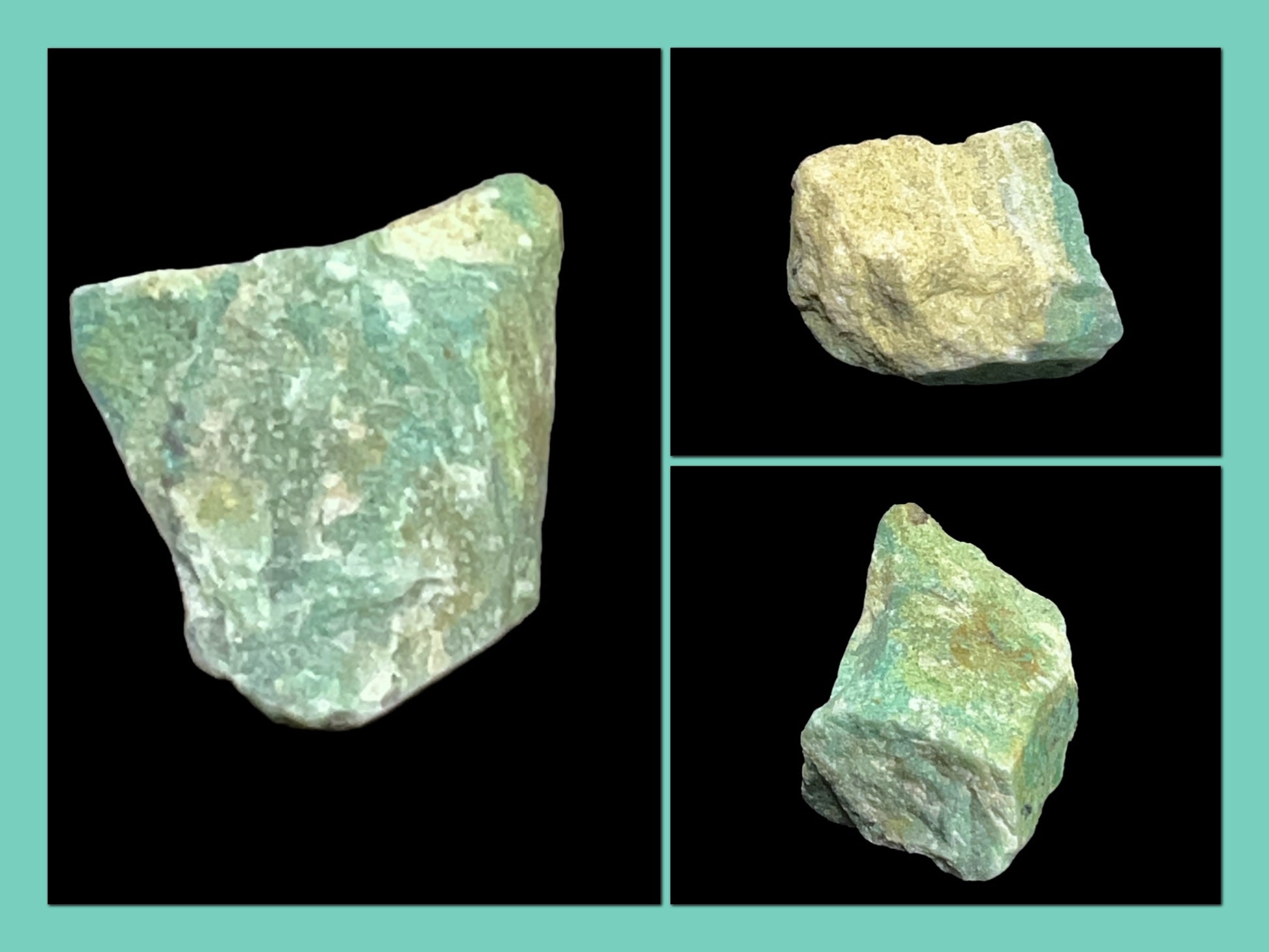 Three different angles of a greenish stone on a teal background
