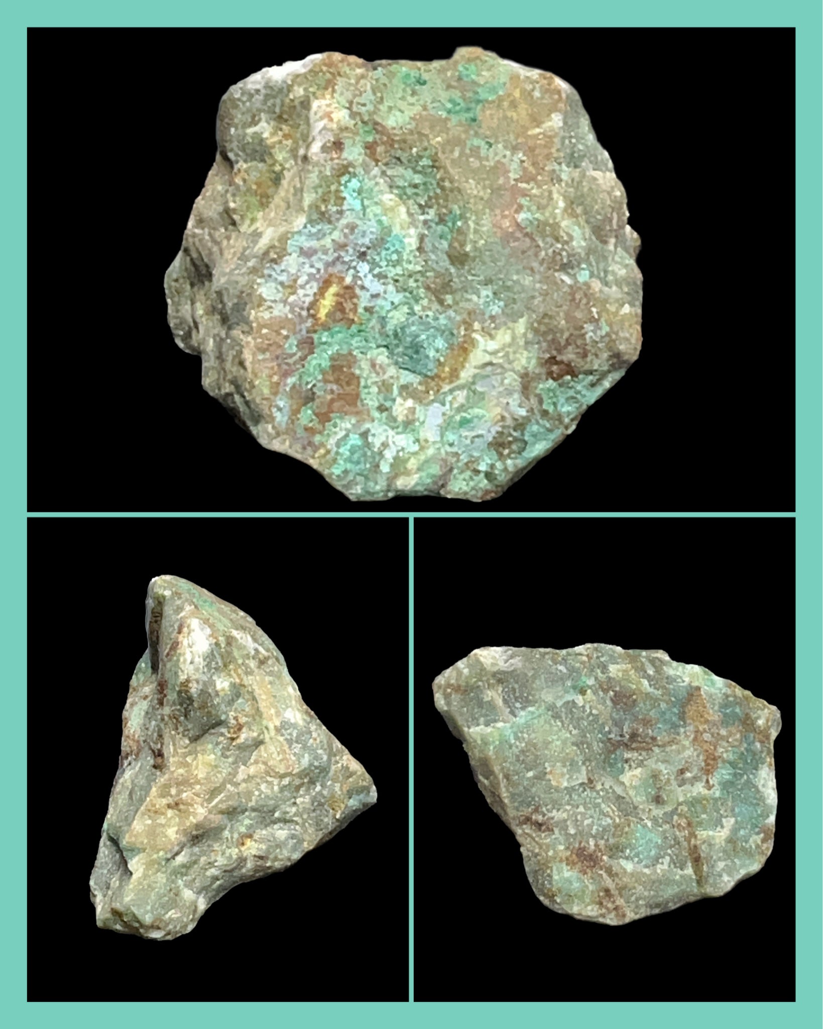 Three different views of a rough mineral stone on a black background