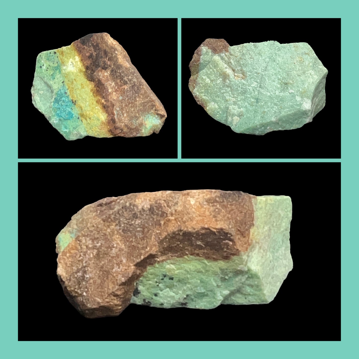 Three different views of a rough mineral stone on a teal background