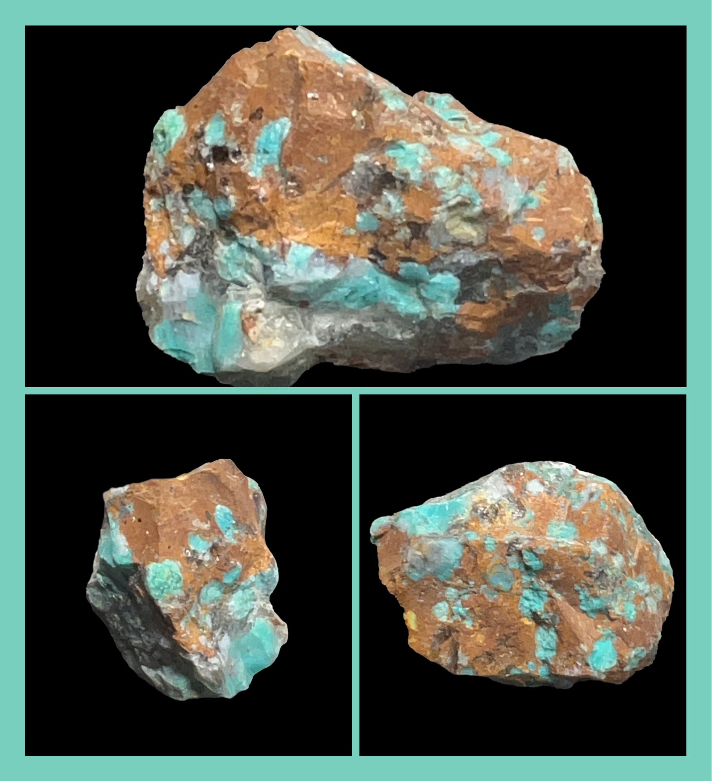 Three views of a mineral specimen with turquoise veins on a black background