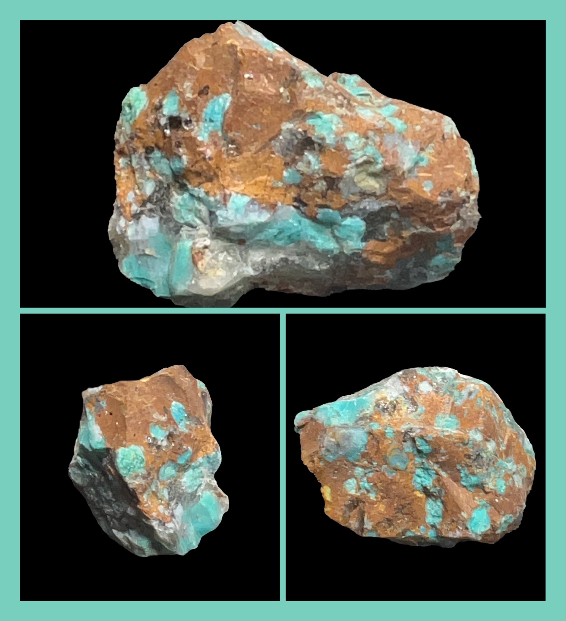 Three views of a mineral specimen with turquoise veins on a black background