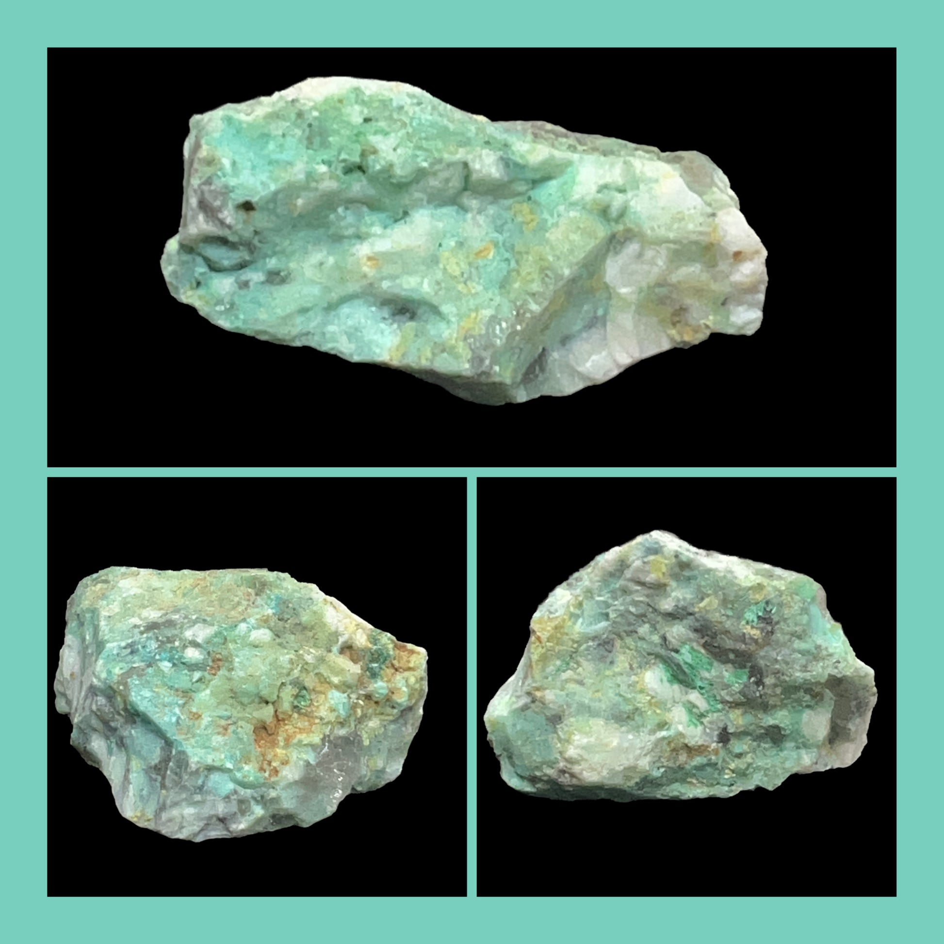 Three images of a greenish-blue mineral on a black background with a teal border.