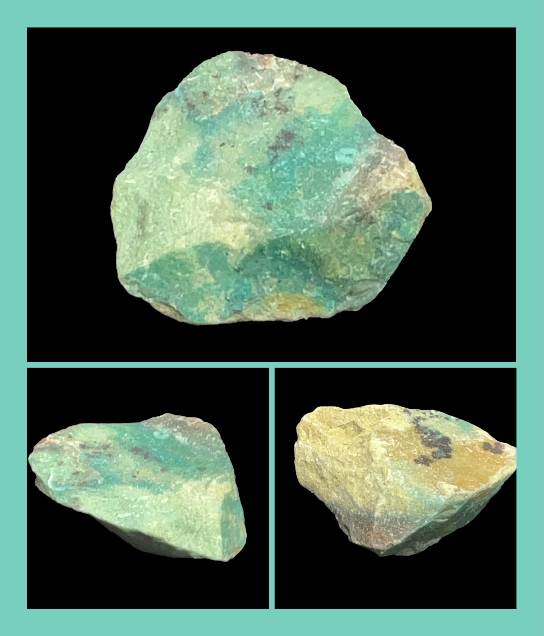 Three different views of a rough turquoise stone on a black background