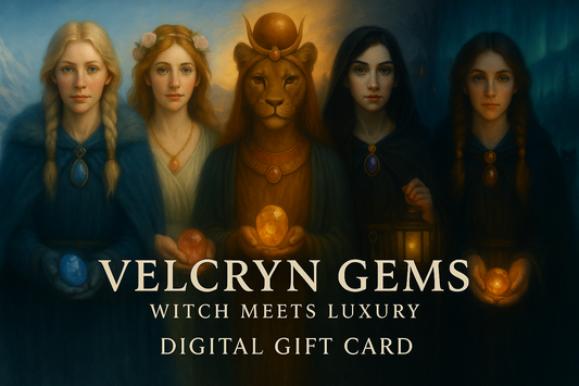 Wide digital painting of five goddess figures standing shoulder to shoulder: Skadi in icy blue fur holding a blue stone, Aphrodite with rose flowers and a peach gem, Sekhmet as a lioness-headed figure with a solar disk holding a glowing golden stone, Hekate in a dark cloak holding a lantern and a purple pendant, and Freyja in shadowed teal with braids and an amber pendant. Large text reads “VELCRYN GEMS,” with smaller lines “WITCH MEETS LUXURY” and “DIGITAL GIFT CARD.”